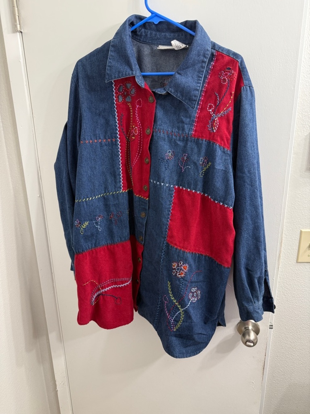 Denim Patchwork Button-Up Shirt with Red Accents
